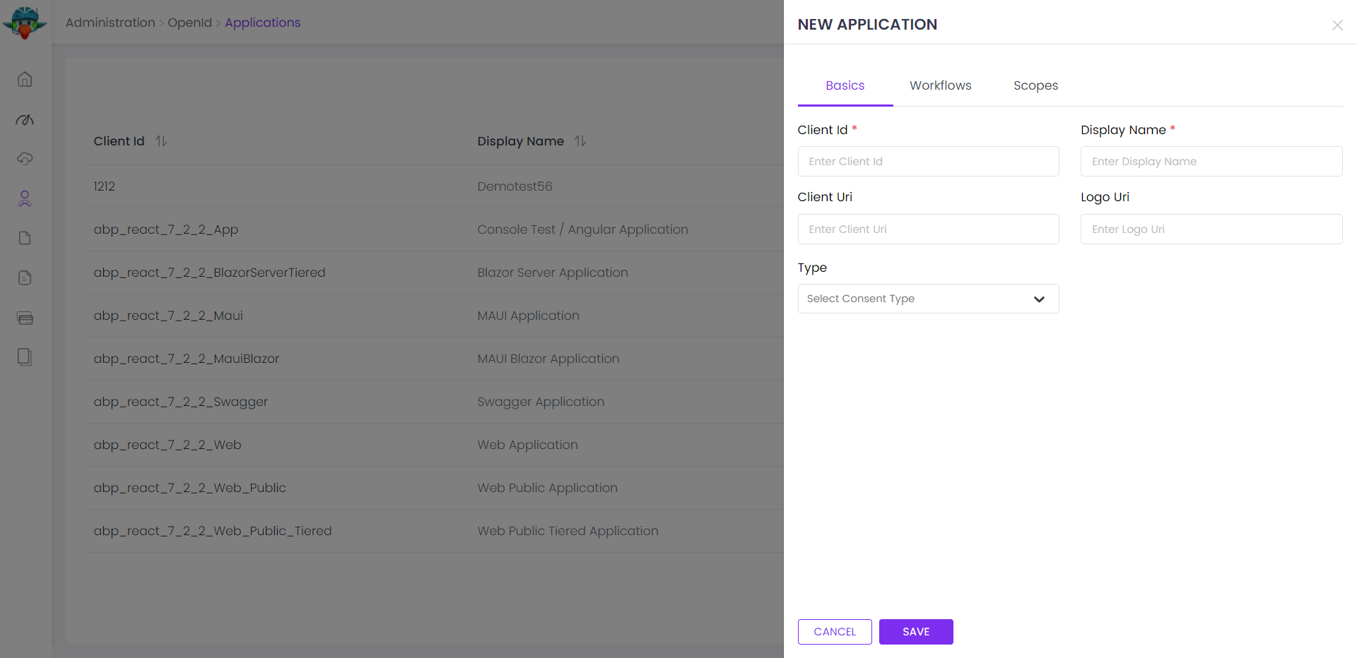 create new application or edit existing applications