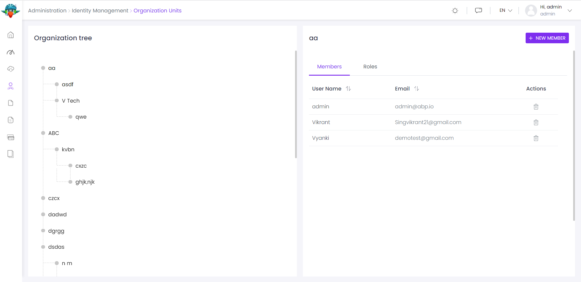 Organization units page is used to manage organization units, members of organization units and roles of organization units